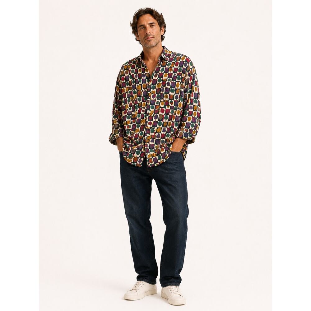 Spods Benetti Vintage Leaf Print Button Up‎ Shirt XL 90s Grandpacore